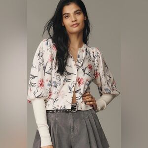 Anthropologie Small Sweater Puff Sleeve Cotton Cardigan Cream with Floral